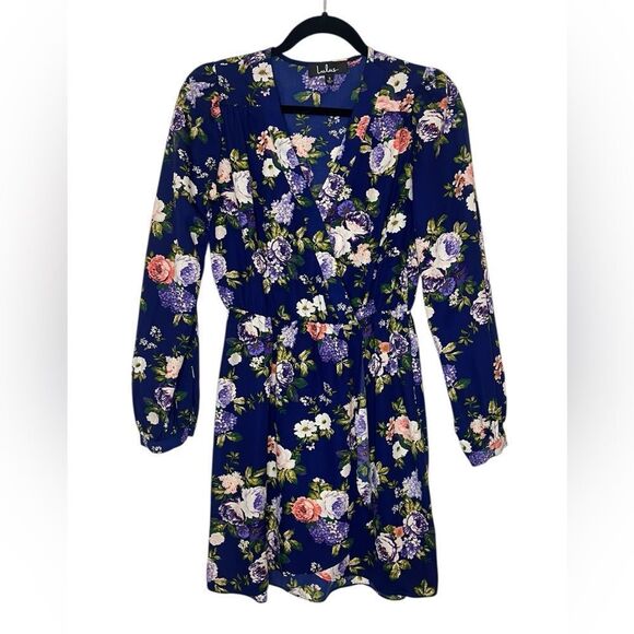 LULU’S NAVY BLUE FLORAL LONG SLEEVE WEDDING GUEST DRESS WOMENS SIZE SMALL - Picture 4 of 8